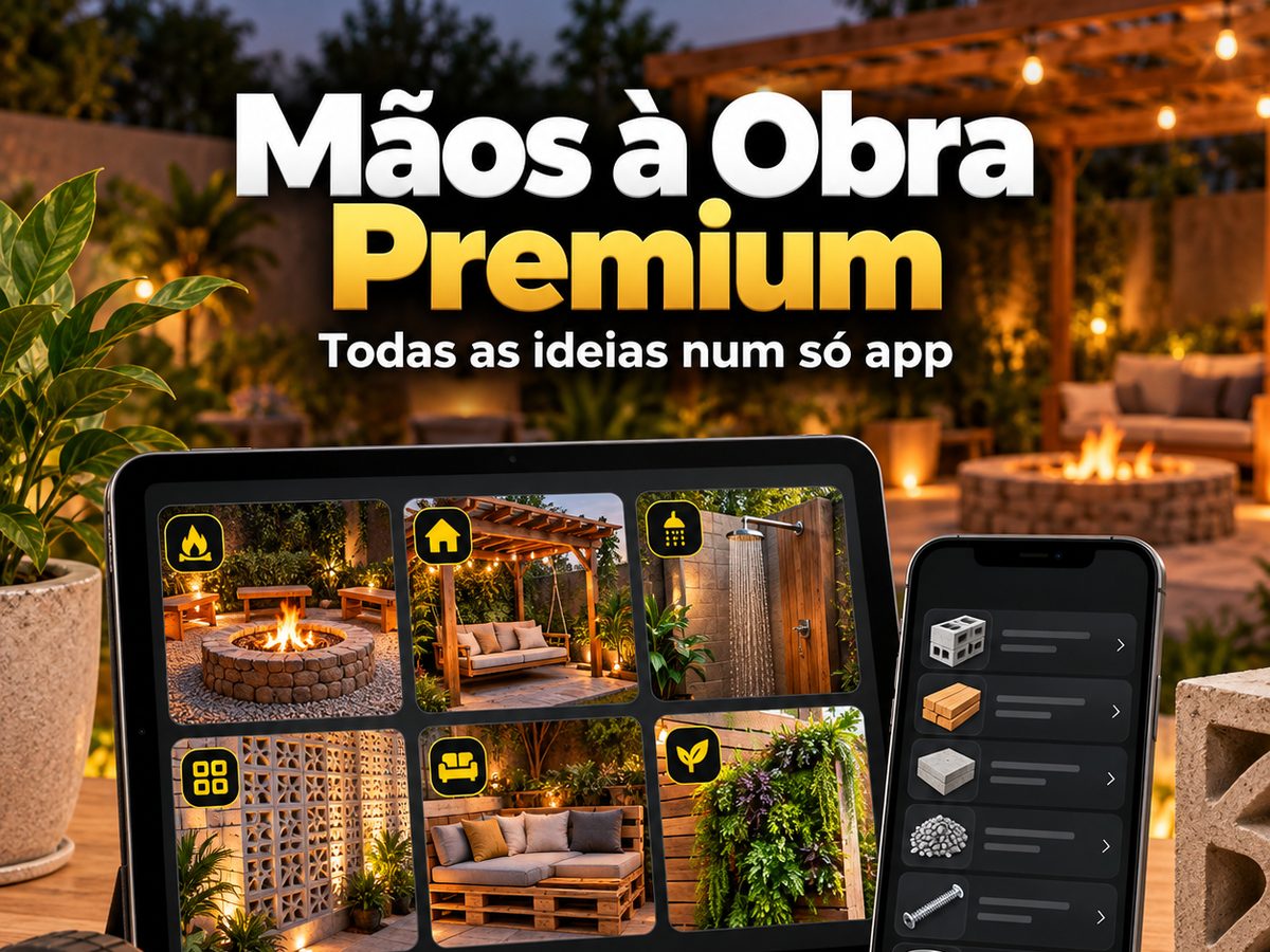 Mãos à Obra Premium aberto no tablet e no celular, com as ideias do quintal