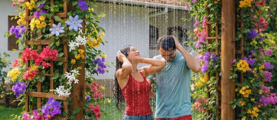 Casal sob o chuveiro externo com pergolado florido no quintal