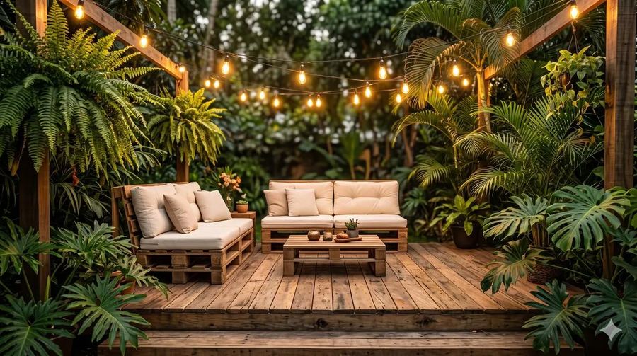 Deck de pallet com sofás e varal de luzes