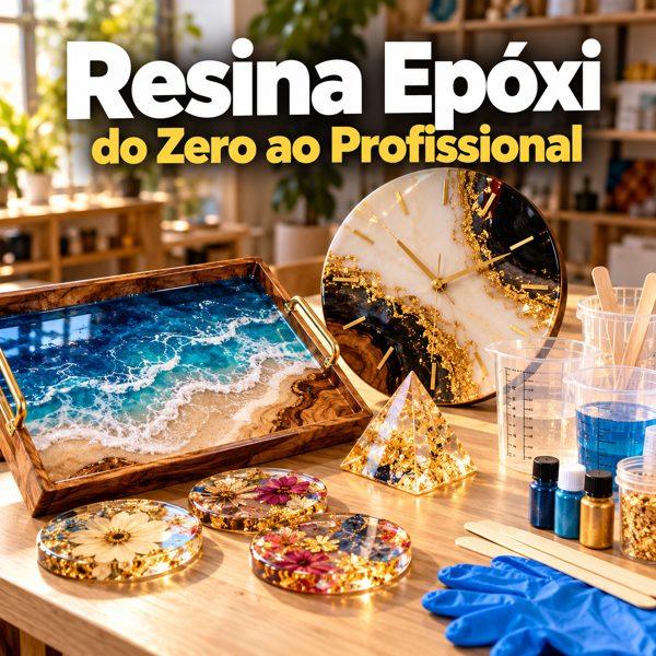 Capa do guia Resina Epóxi do Zero ao Profissional, com bandeja, relógio e porta-copos de resina