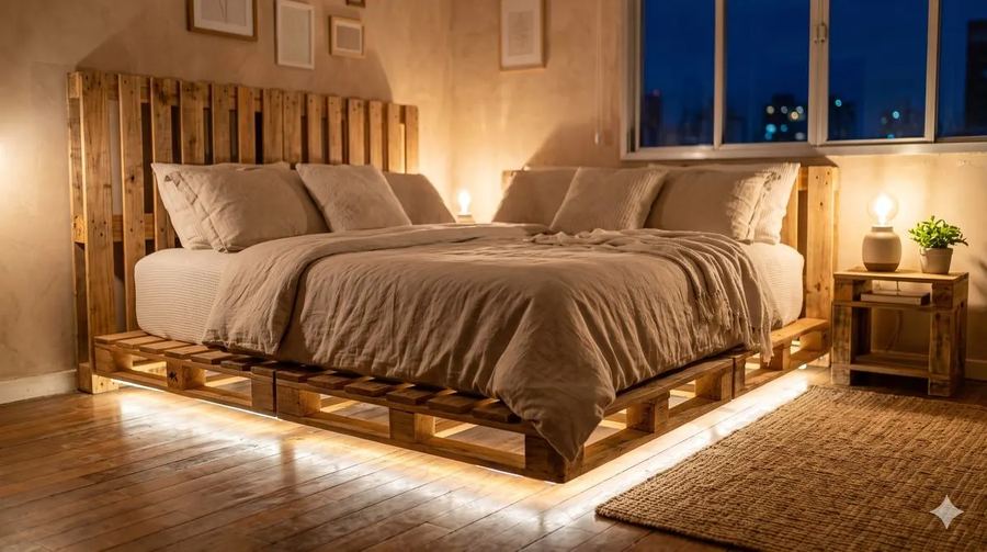Cama de casal de pallet com luz embaixo