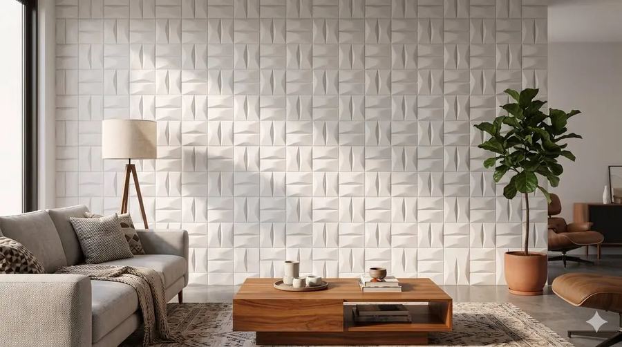 Parede de sala com placas 3D de gesso