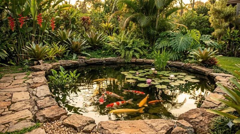 Espelho d'água com carpas no jardim